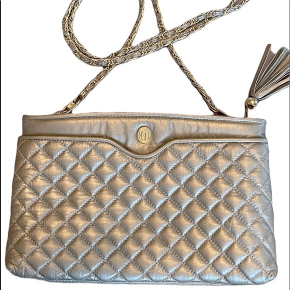 Vintage Ganson Quilted Shoulder Bag Shiny Taupe | Gold accents Tassel Zip Pull